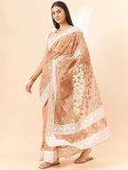 Peach Organza Floral Embroidered Saree with Unstitched Blouse Piece - Roozal | Grocsy