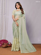 Green Glass Tissue,Net Embroidered Saree With Stitched Blouse - Nimaya Kaksha | Grocsy