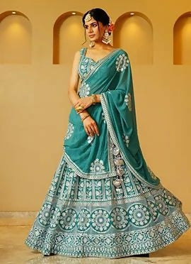 Lehenga Mart Dusty Green Faux Georgette Designer Bollywood Style Wedding Wear Lehenga Choli | Grocsy