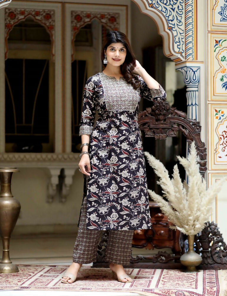 Miravan Women's Multi Colour Floral Printed Embroidery Yoke Design Kurta With Palazzo | Grocsy