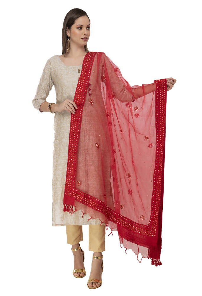 Mominos Fashion Red Orgenza Nug Embroidery Dupatta | Grocsy
