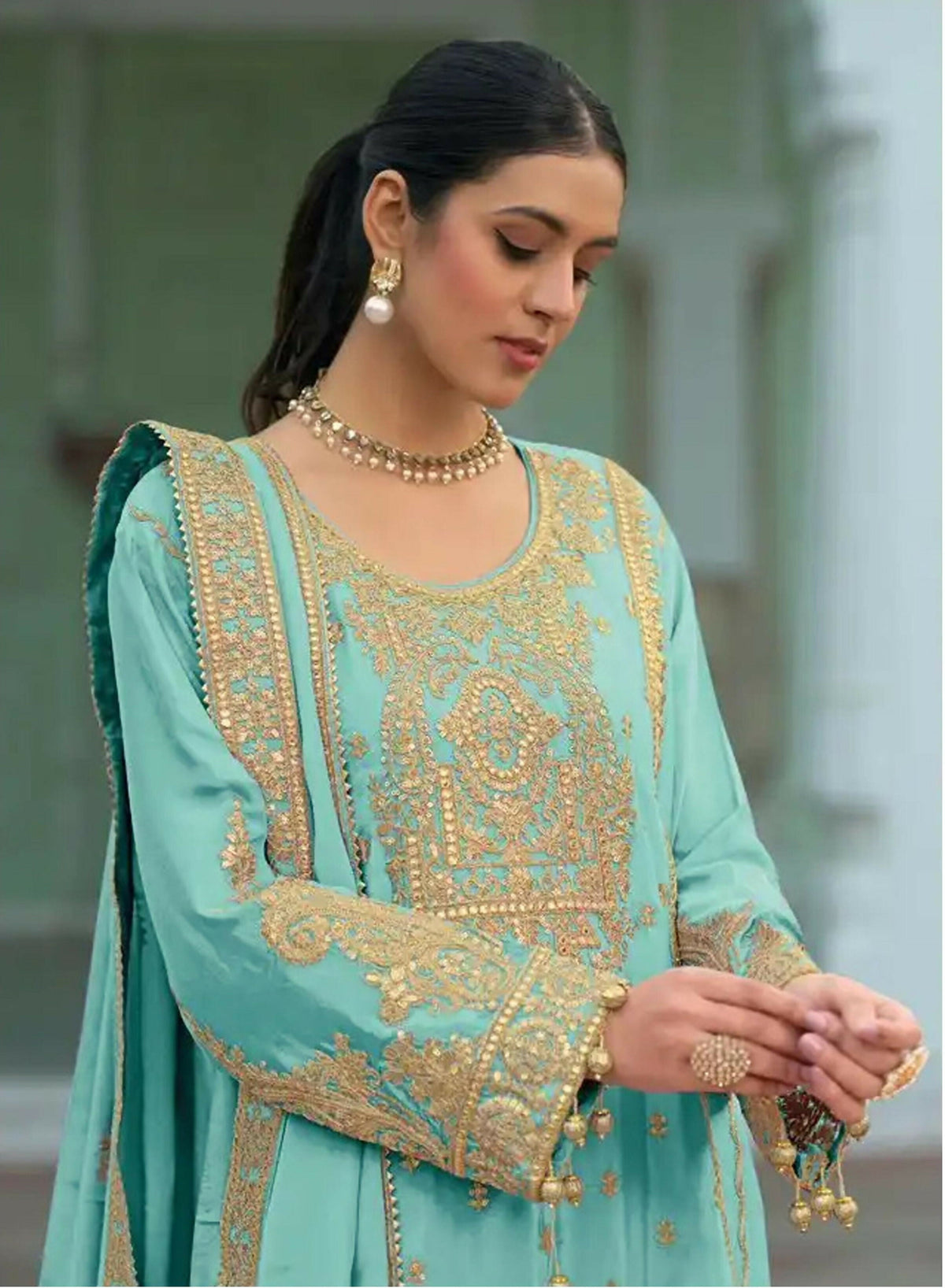 Anaita Sky-Blue Heavy Chinon Readymade Palazzo Suit with Heavy Embroidery Work | Grocsy