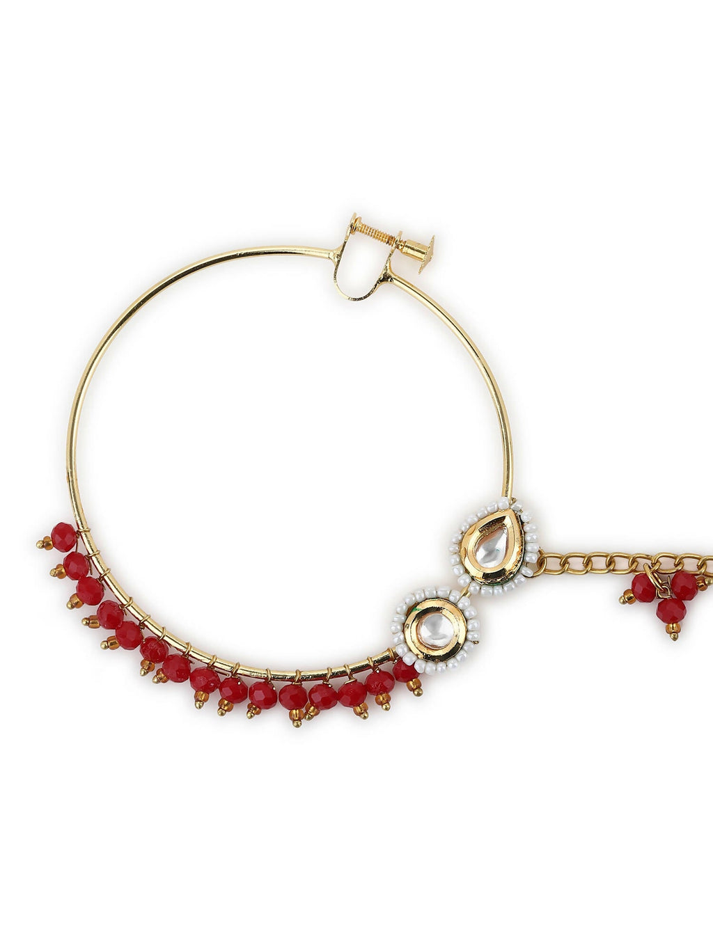 Gold-Polished White Red Kundan-Studded Pearl Beaded Nosepin - Ruby Raang | Grocsy