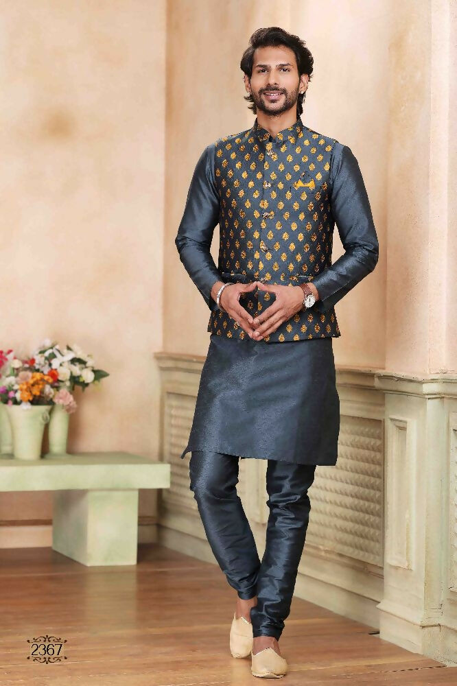 Raivat Ethnic Jacquard Banarasi Silk Woven Work 3 Pics Jacket Set In Dark Grey Colour | Grocsy