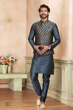 Raivat Ethnic Jacquard Banarasi Silk Woven Work 3 Pics Jacket Set In Dark Grey Colour | Grocsy