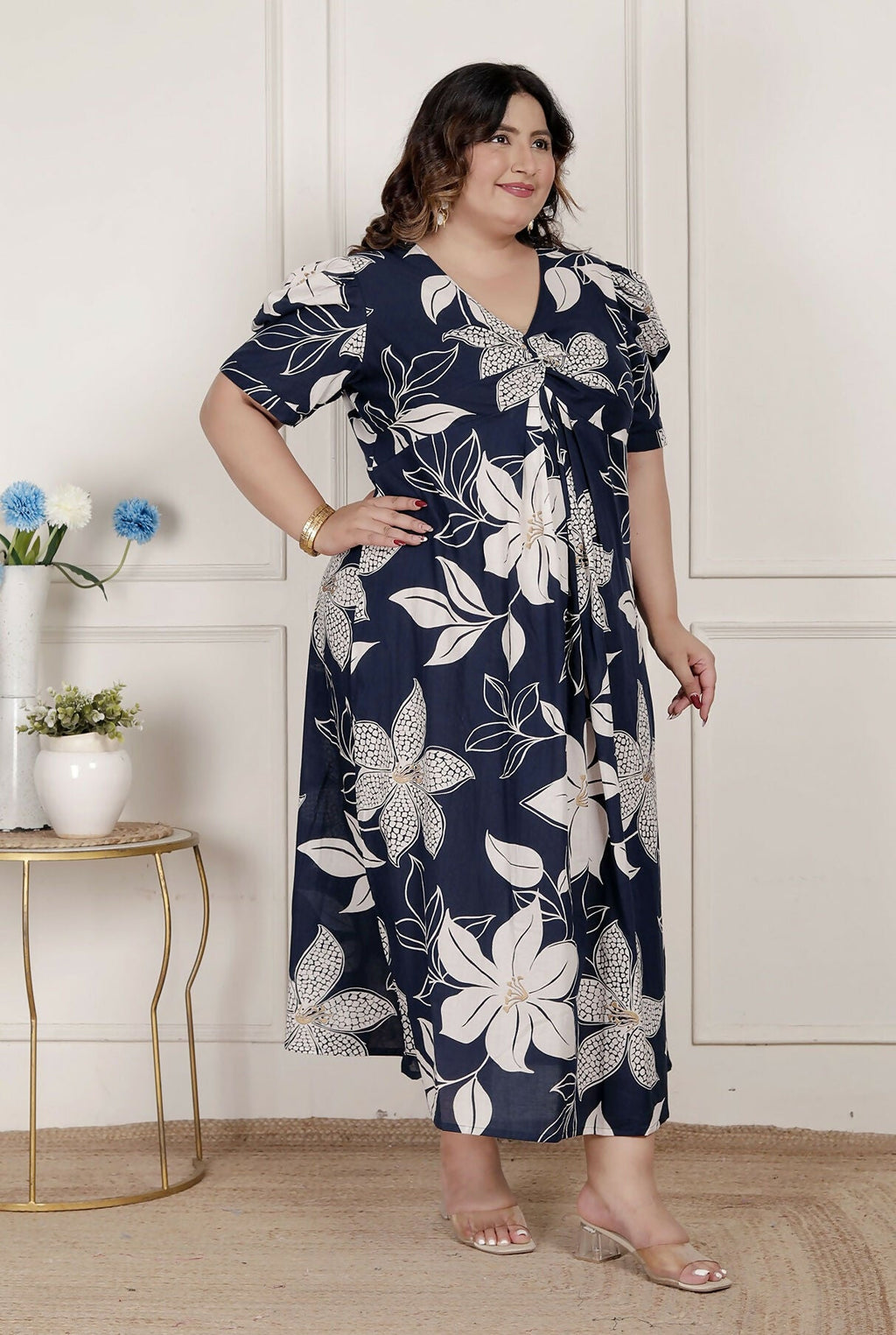 Miravan Womens Plus Size Blue Flower Printed Puff Sleeve Cotton Butterfly Maxi Dress | Grocsy
