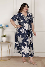 Miravan Womens Plus Size Blue Flower Printed Puff Sleeve Cotton Butterfly Maxi Dress | Grocsy