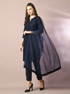 Myshka Women's Navy Blue Embroidered Cotton Straight Party Kurta Set With Dupatta | Grocsy