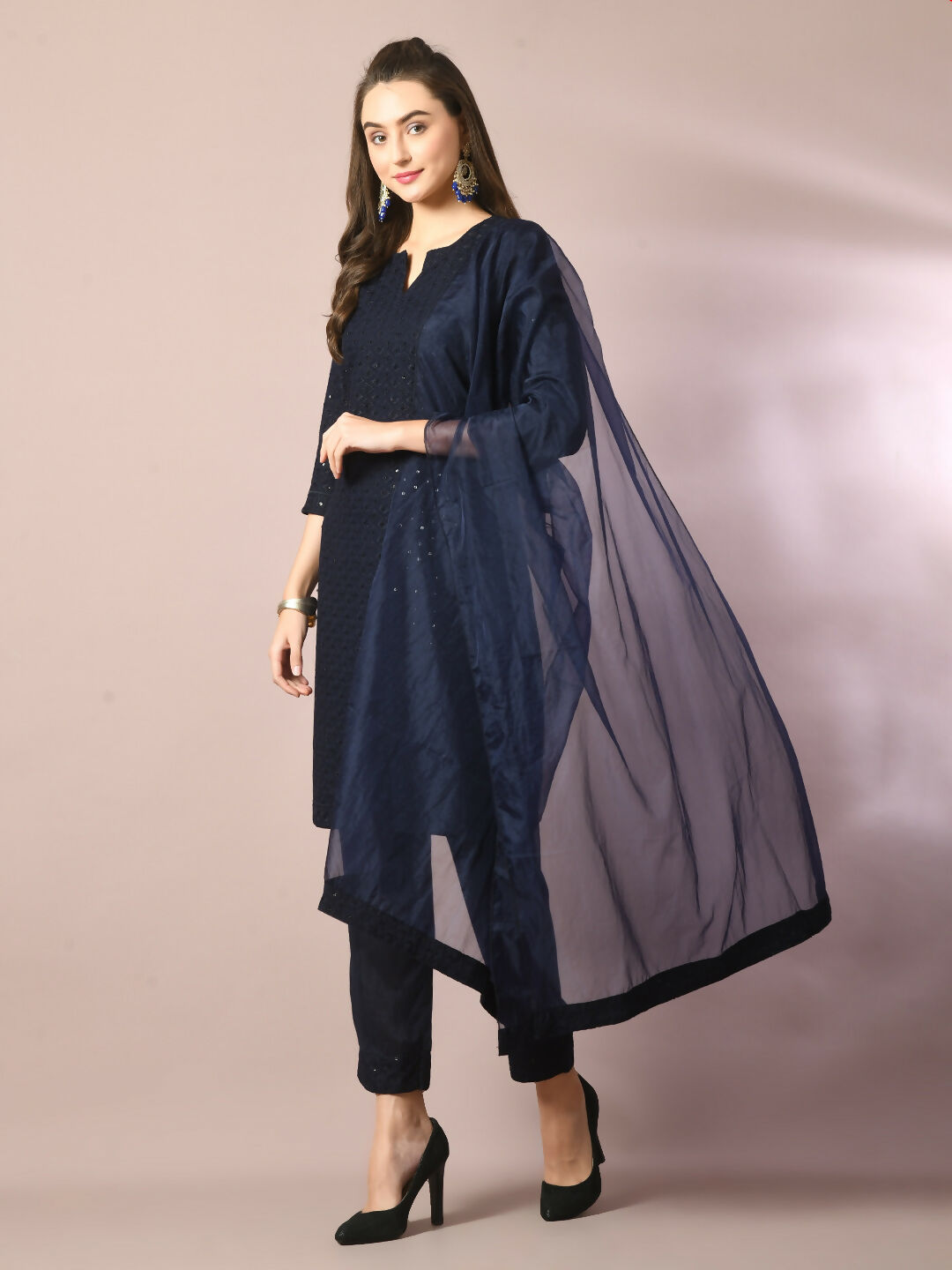 Myshka Women's Navy Blue Embroidered Cotton Straight Party Kurta Set With Dupatta | Grocsy