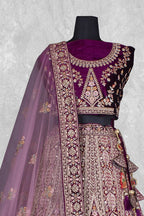 Purple Velvet Thread with Hand Work Semi Stitched Lehenga Choli with Dupatta - Nimaya Lagnotsav | Grocsy