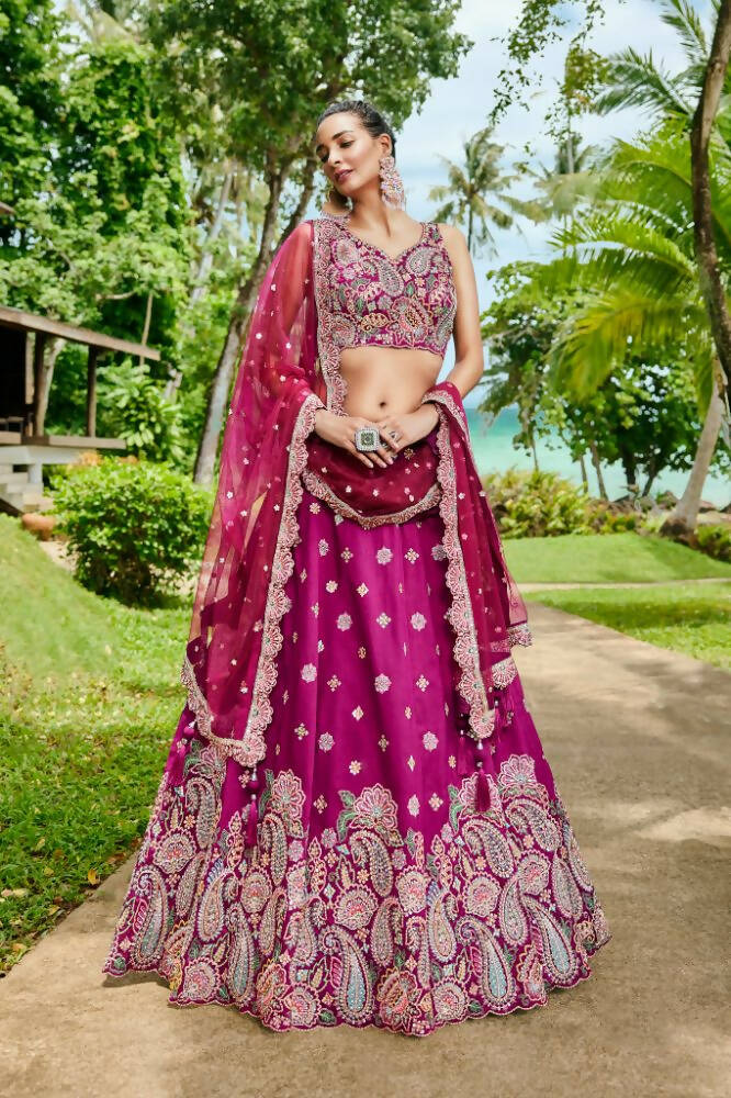 House of Panchhi Burgundy Satin Silk Sequins And Zarkan Embroidery Lehenga Choli & Dupatta | Grocsy