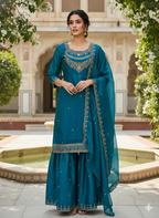 Teeya Creation Teal Color Fendy Satin Silk Heavy Embroidery Work Sharara Suit | Grocsy