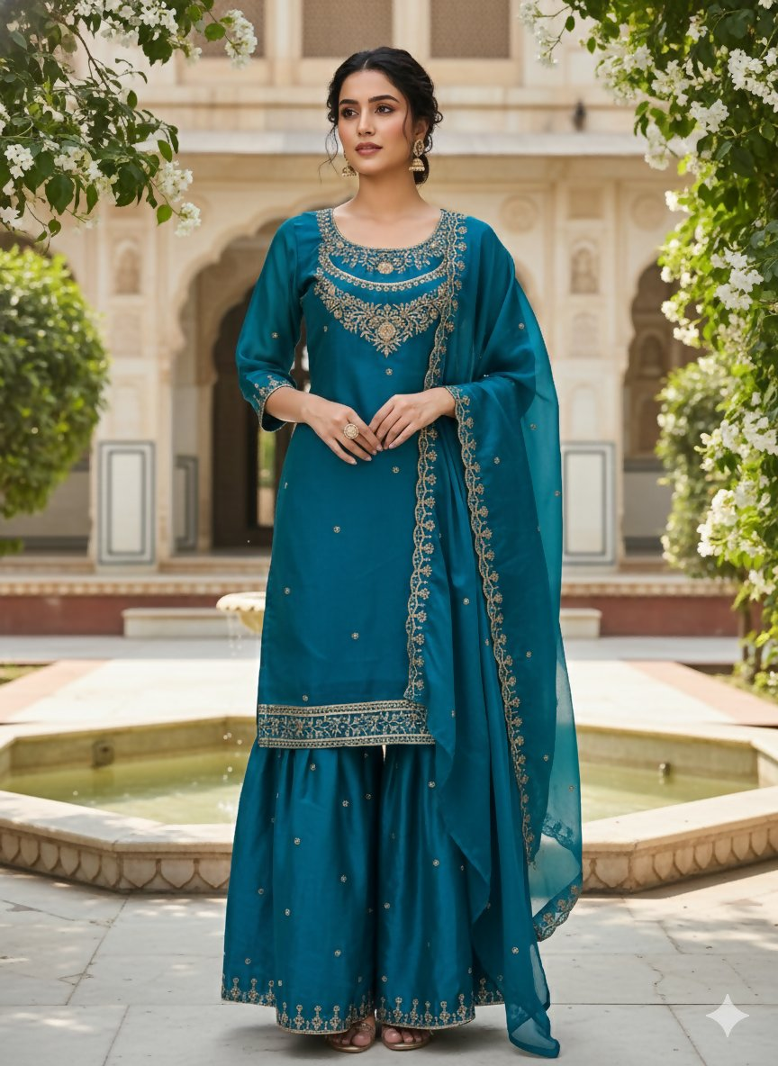 Teeya Creation Teal Color Fendy Satin Silk Heavy Embroidery Work Sharara Suit | Grocsy