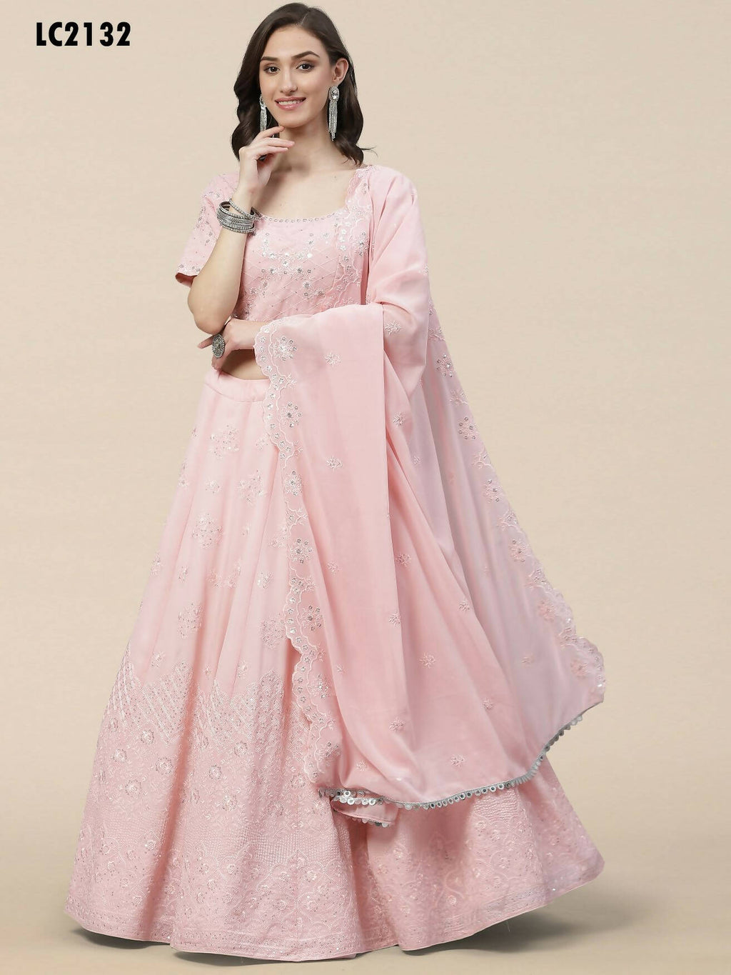 Pink Georgette Thread with Sequins Embroidered work Lehenga Choli with Dupatta - Jivika | Grocsy