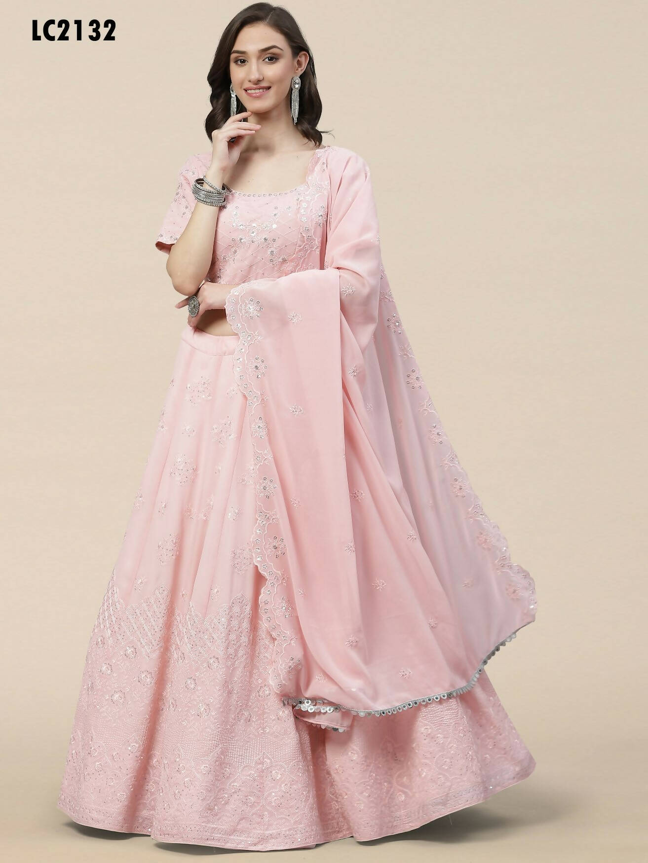 Pink Georgette Thread with Sequins Embroidered work Lehenga Choli with Dupatta - Jivika | Grocsy