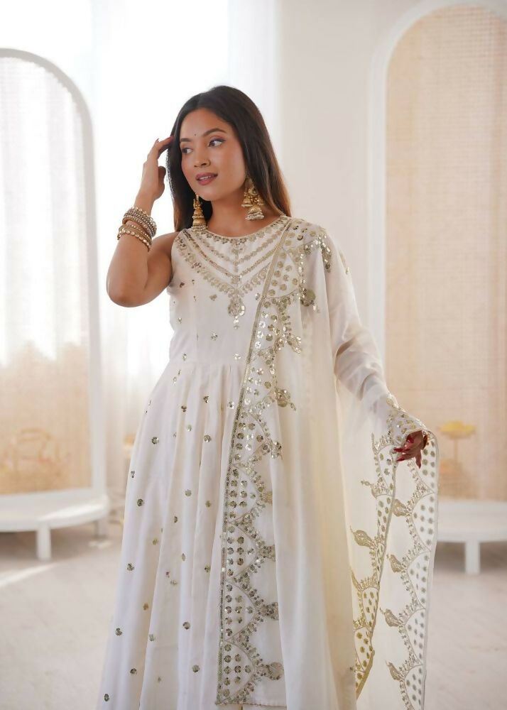 Teeya Creation White Color Roman Silk Embroidery Work Party Wear Gown | Grocsy