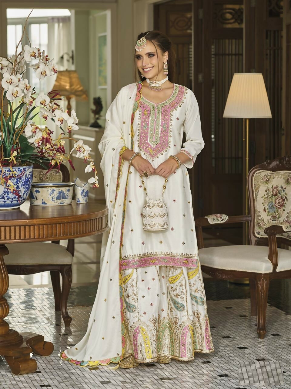 Anaita White Embroidered Silk Stitched Plazo Suit | Grocsy