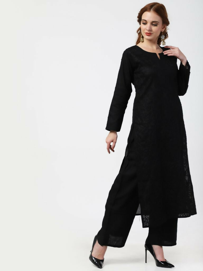 Cheera Women Stylish Hand Chikenkari Cotton Kurta With Palazzo - Black | Grocsy