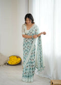PR Fashion See_Green Bright Moss Satin Patta Printed Saree | Grocsy