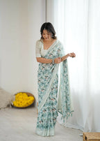 PR Fashion See_Green Bright Moss Satin Patta Printed Saree | Grocsy