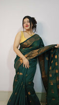 Exclusive Collection Beautiful Green Cotton Silk Woven Handloom Saree With Running Blouse Piece | Grocsy