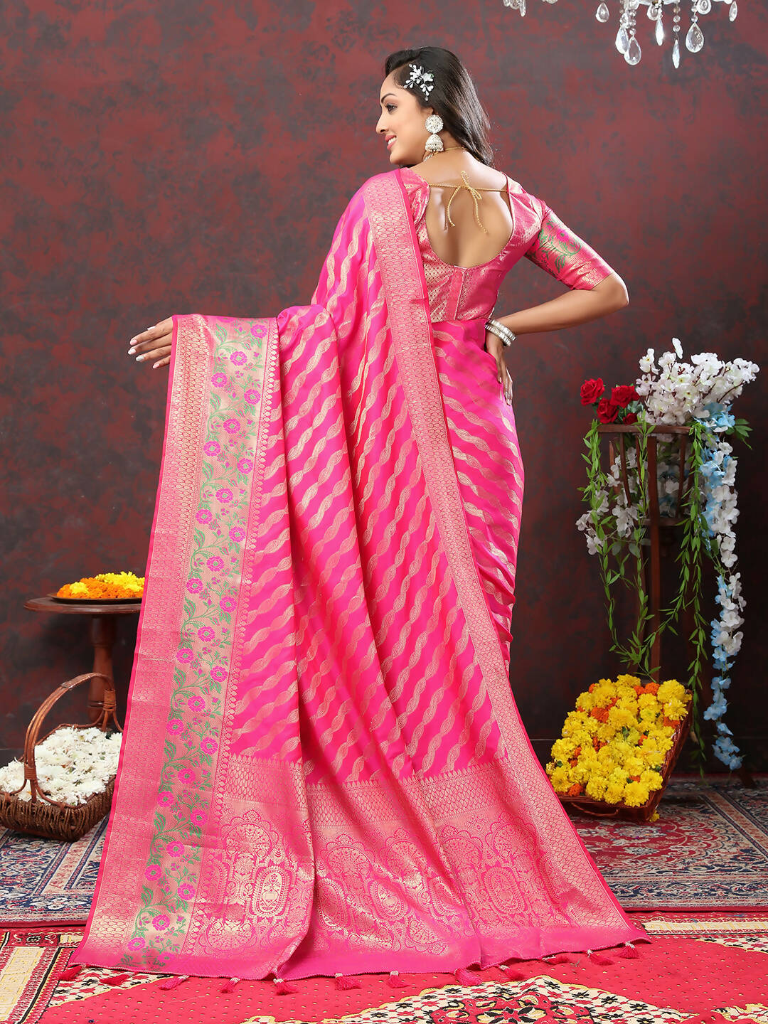 Lorenvalley Fashion Pink Soft Silk Woven Design with Zari Weaving Leheriya Design Saree | Grocsy