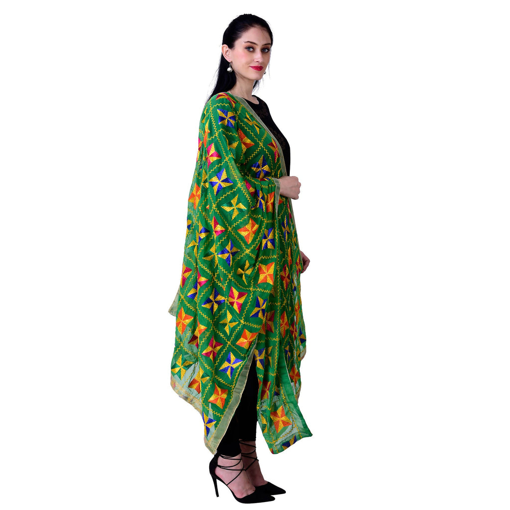 SWI Stylish Embroidered Phulkari Chiffon Green Dupatta | Grocsy