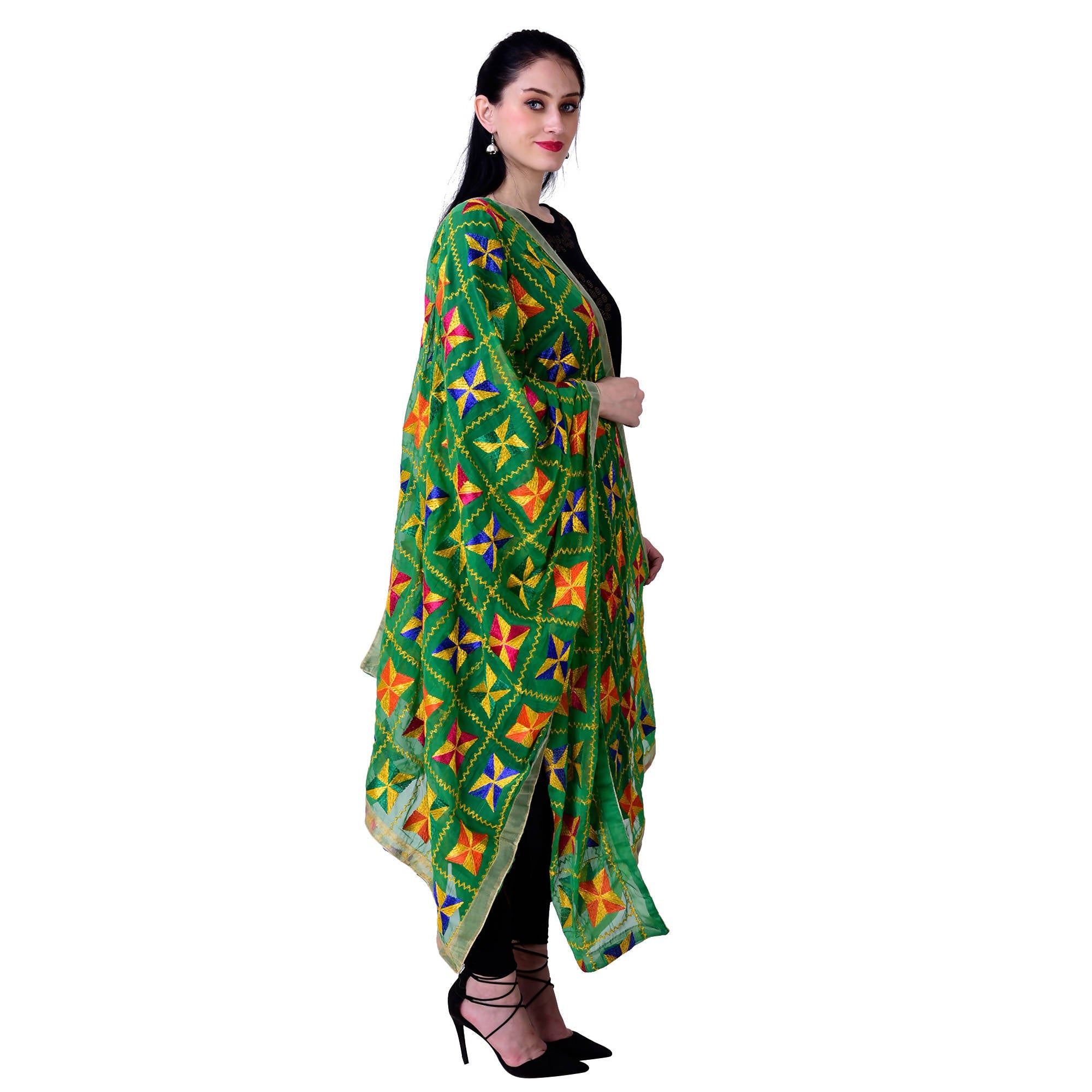 SWI Stylish Embroidered Phulkari Chiffon Green Dupatta | Grocsy