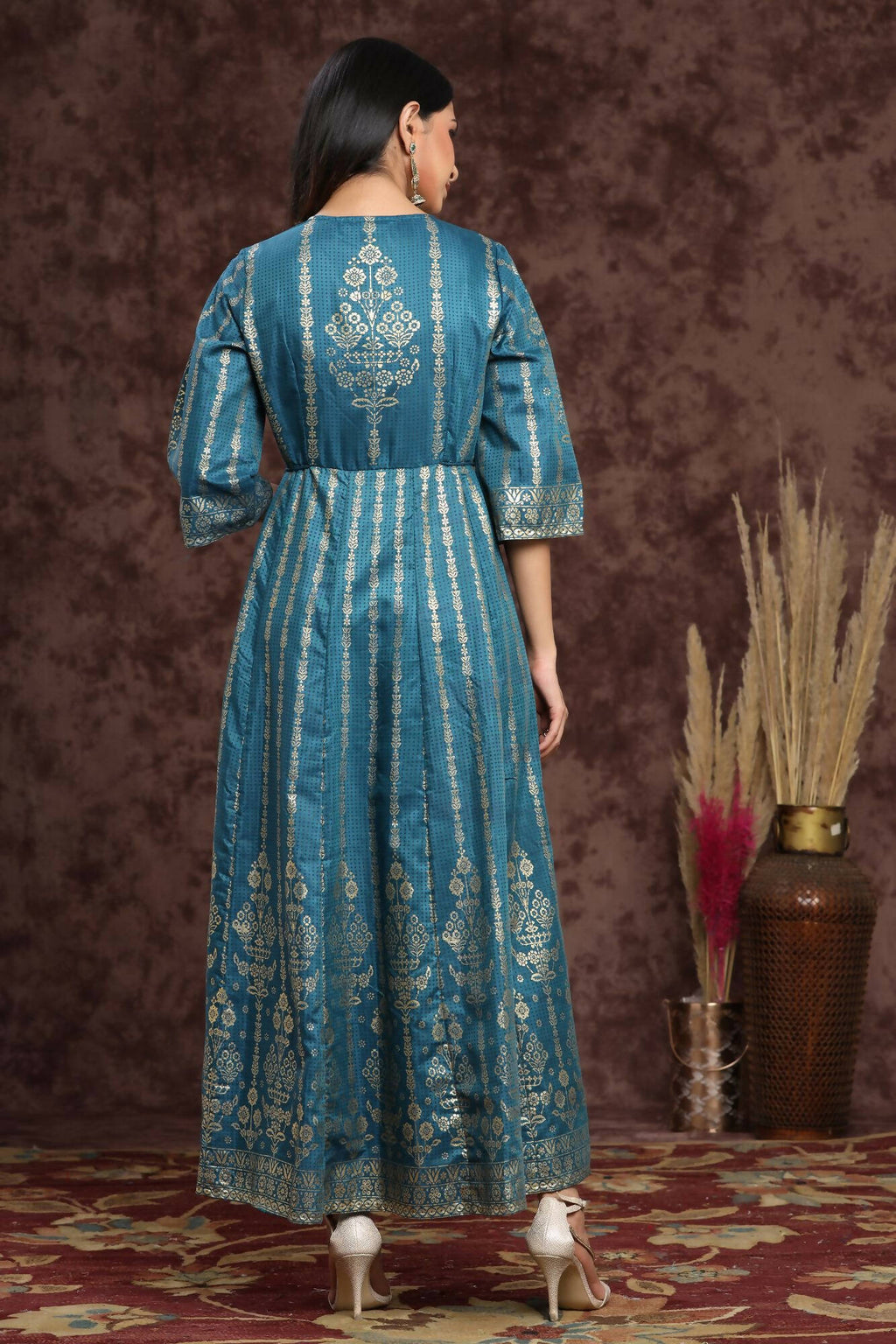 Juniper Women Teal Shantoon Printed Anarkali Dress | Grocsy