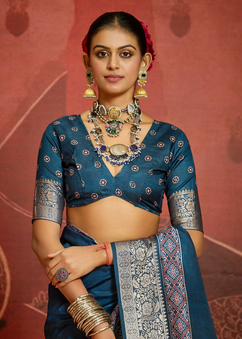 Joban Fashion Teal Blue Art Silk With Fine Viscose Border Ajrak Full Body Print With Soft Finish Saree | Grocsy