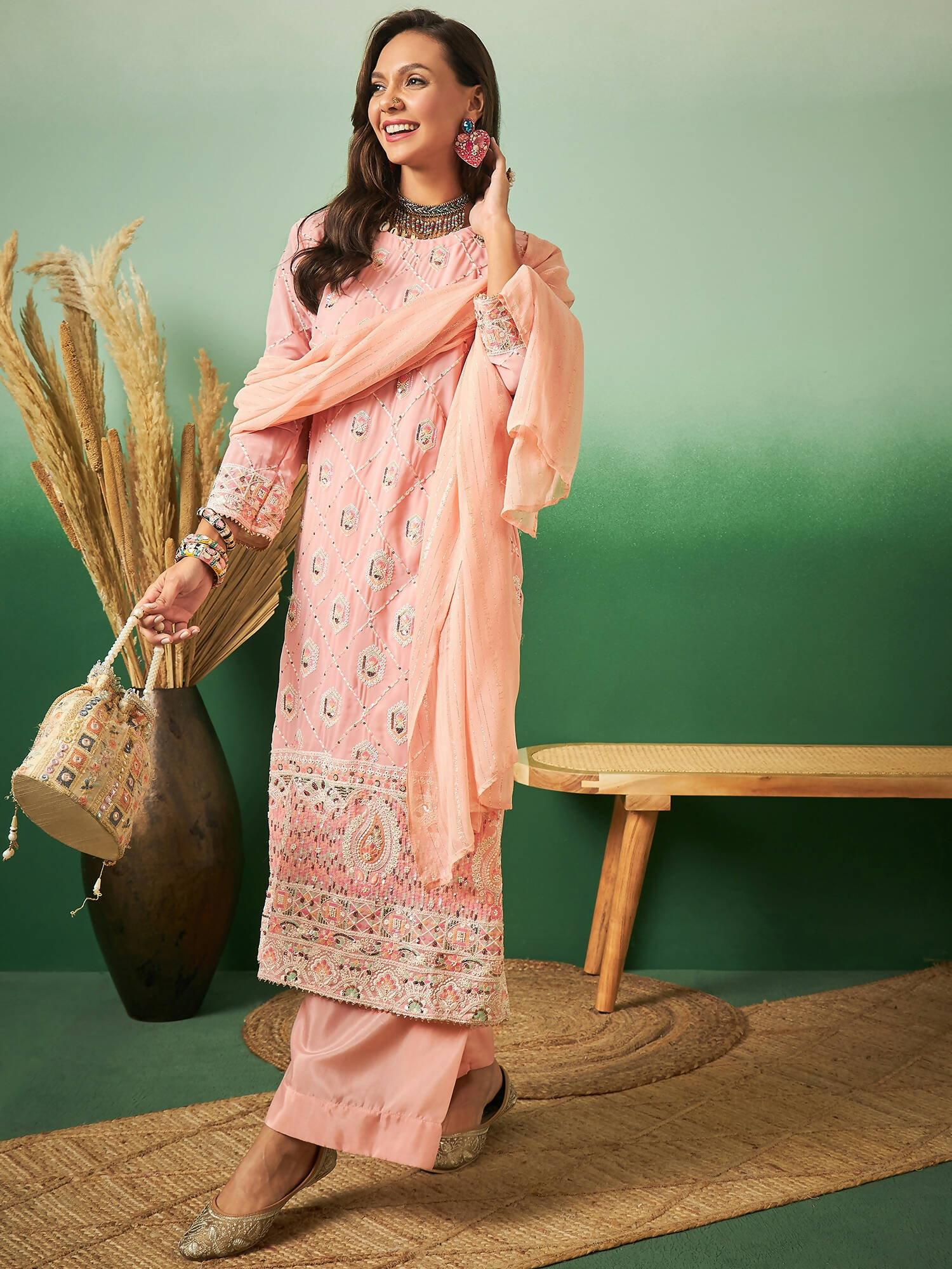 Peach Georgette Handwork Unstitched Dress Material - Hanika | Grocsy