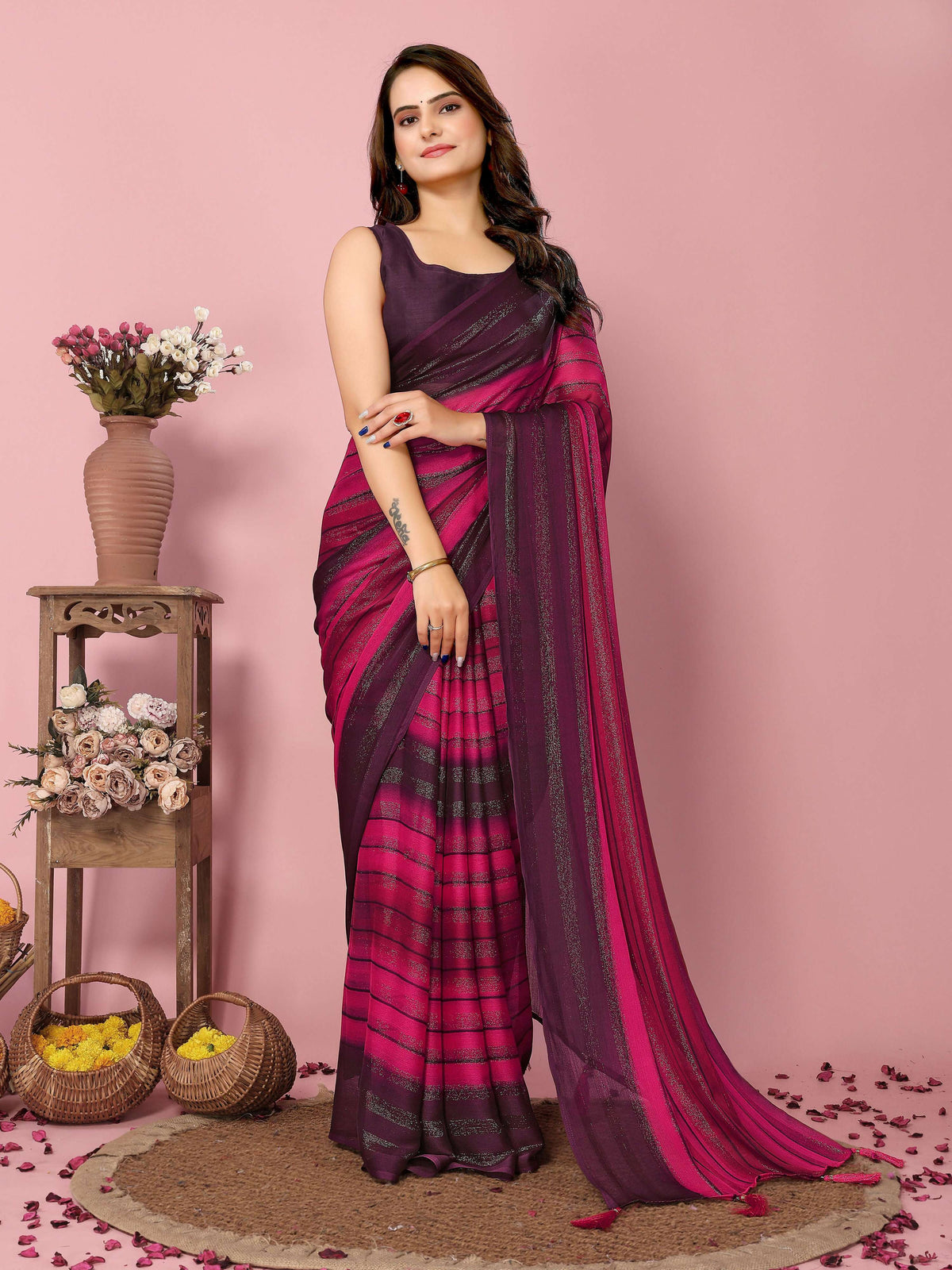 Attractive These Party Wear Ready To Wear Saree - Pink | Grocsy