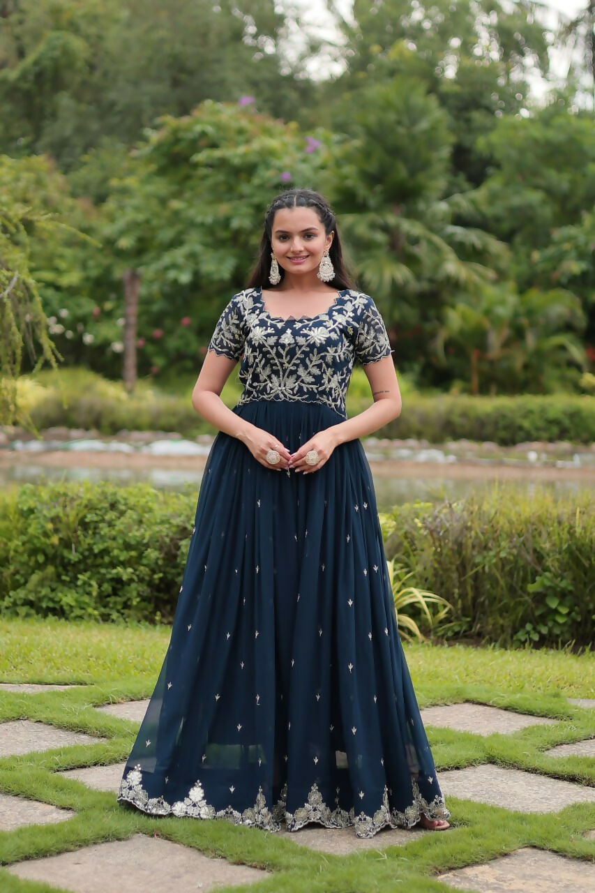 Vastranavya Premium Designer Faux Blooming with Coding Sequins Embroidery work Gown - Teal | Grocsy