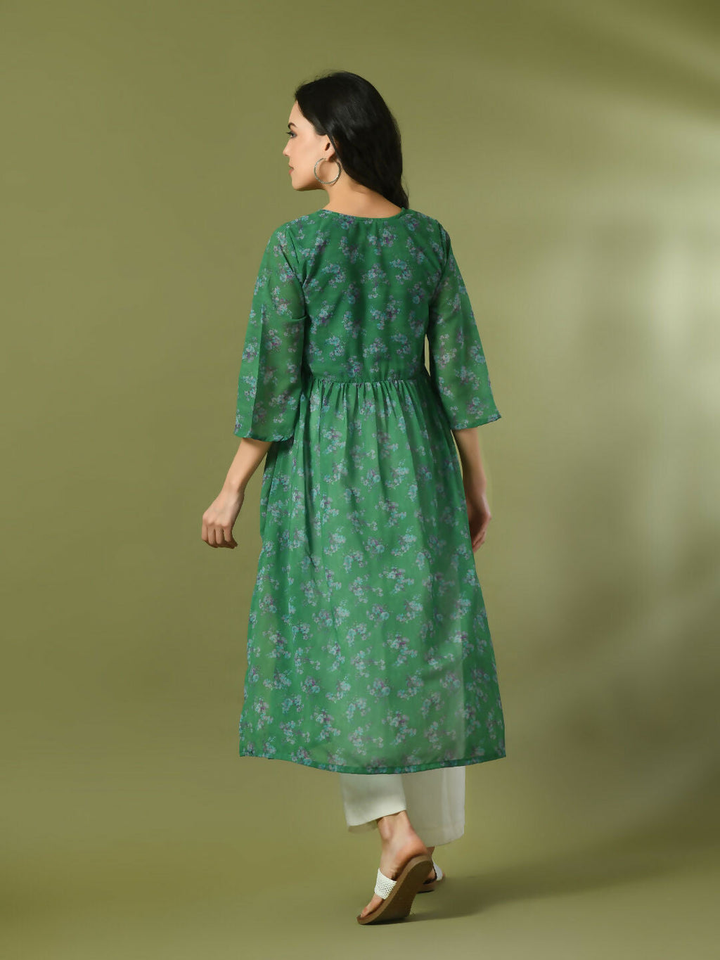 Myshka Women's Green Printed Georgette A-Line Nyra-cut Kurta | Grocsy