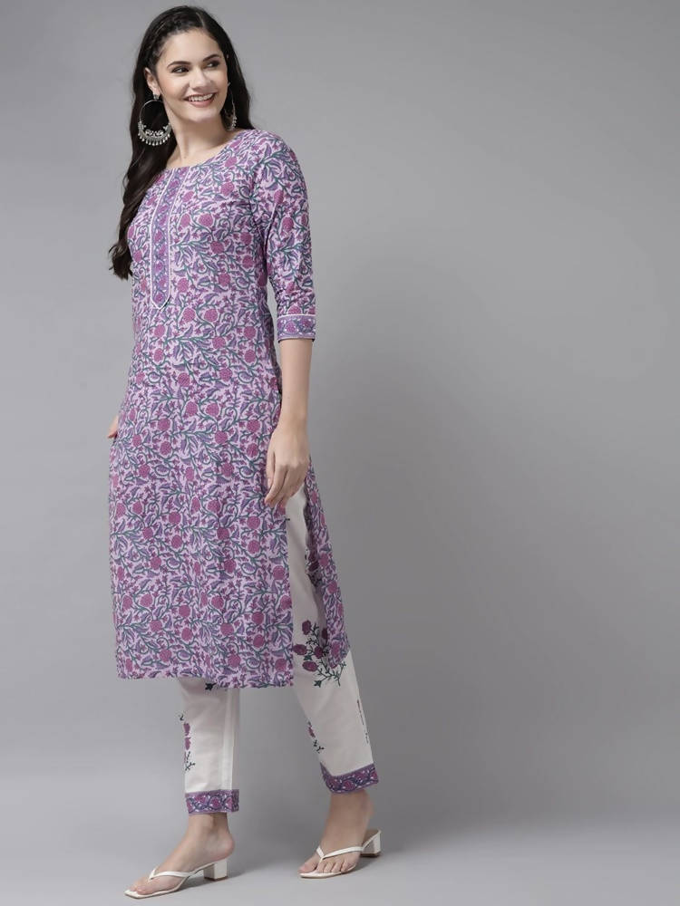 Yufta Women Lavender & White Ethnic Motifs Printed Kurta with Trouser & Dupatta | Grocsy