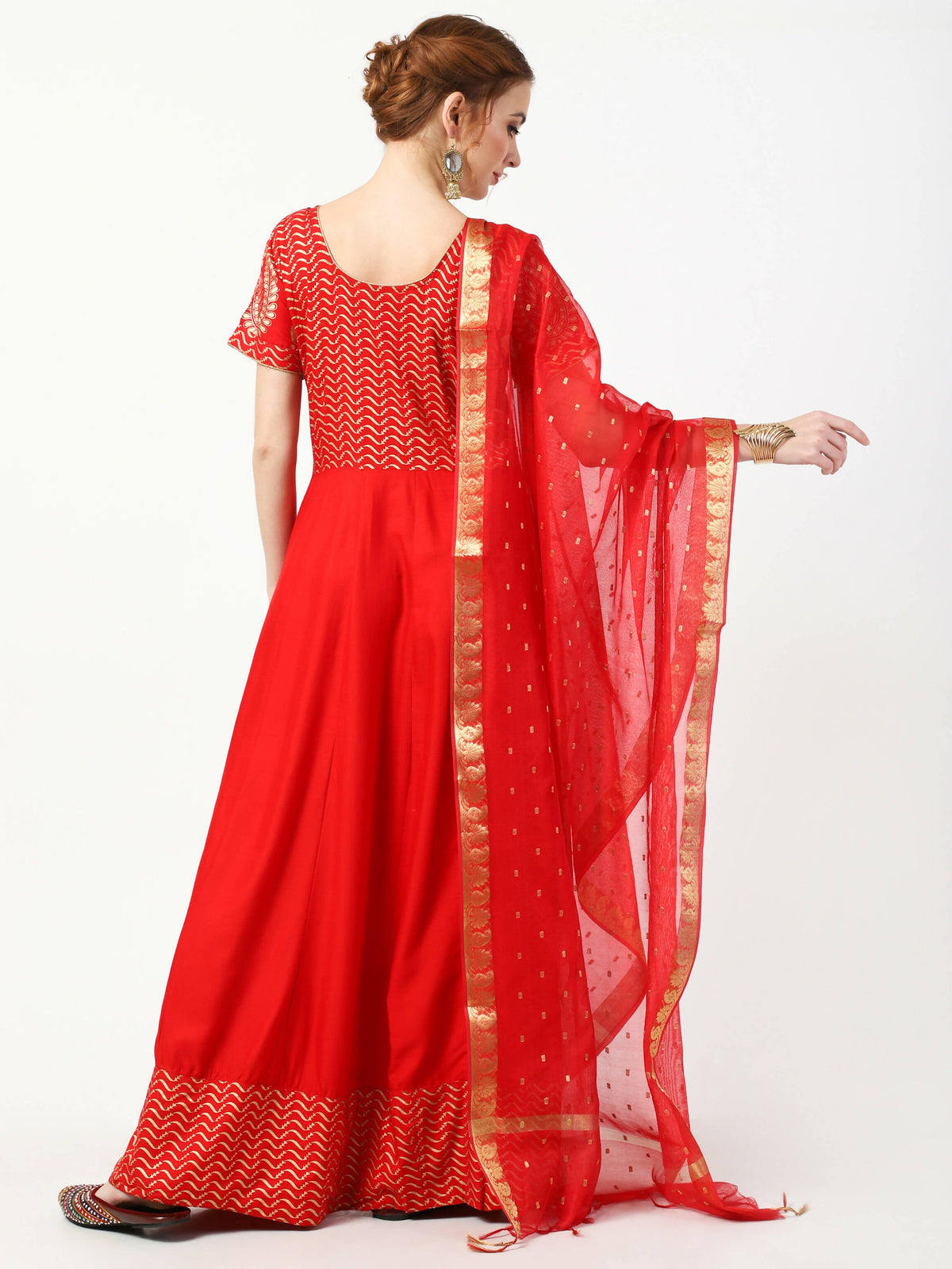 Cheera Women's Red Cotton Hand Block Print Long Dress With Silk Dupatta Set | Grocsy