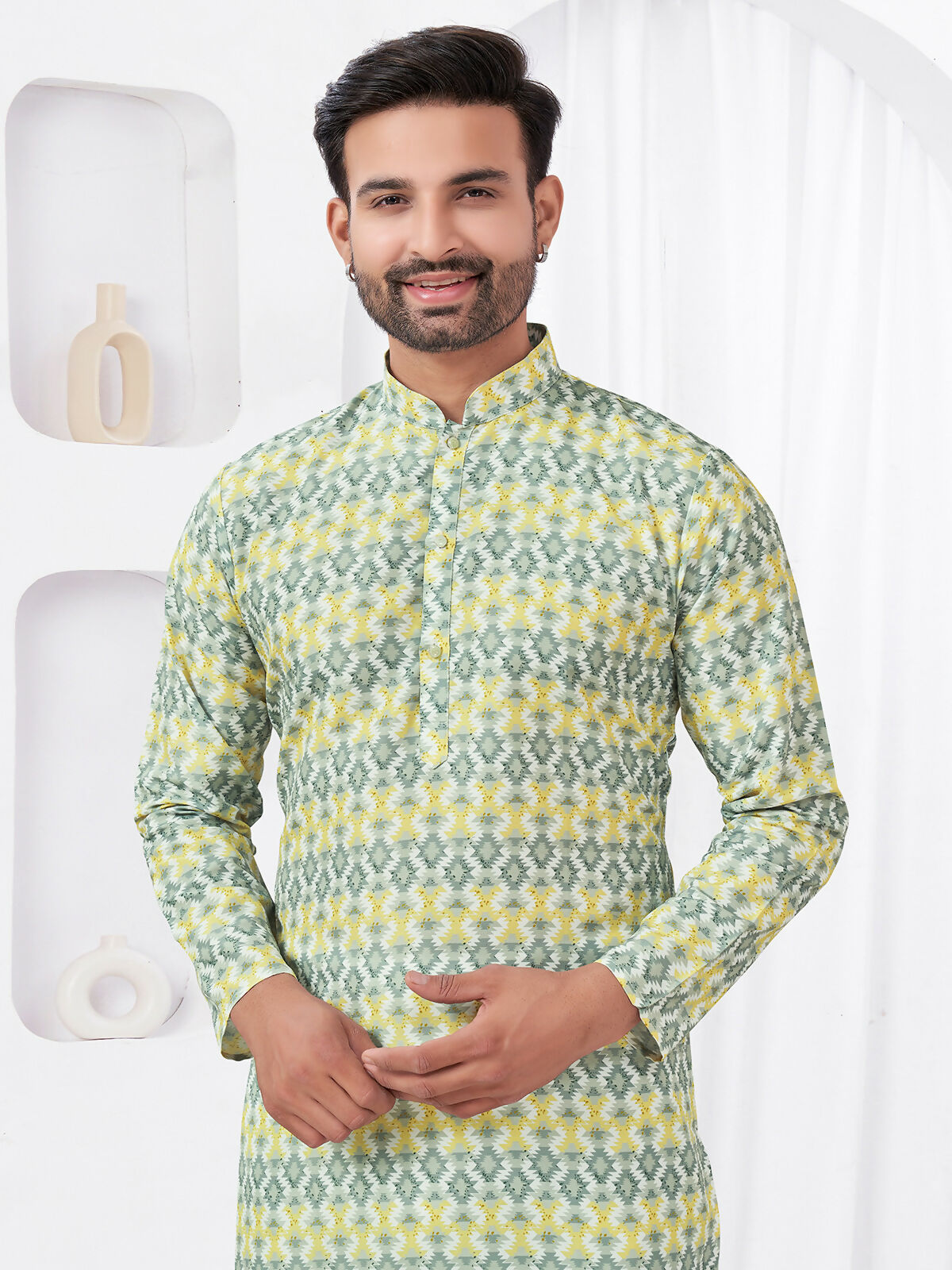 Joban Fashion Men's Rayon Cotton YELLOW Printed Kurta Pyjama set | Grocsy