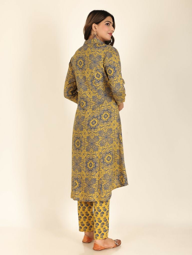 Aramya High Low Rayon Geometric Print Women's Kurta - Yellow | Grocsy