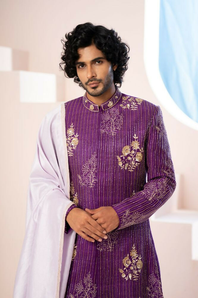 Purple Elegance Sherwani With Zardosi And Gold Embellishments by Hilo Design | Grocsy