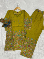 Teeya Creation Olive Green Floral Printed Short Kurta With Straight Pants Co-Ord Set | Grocsy