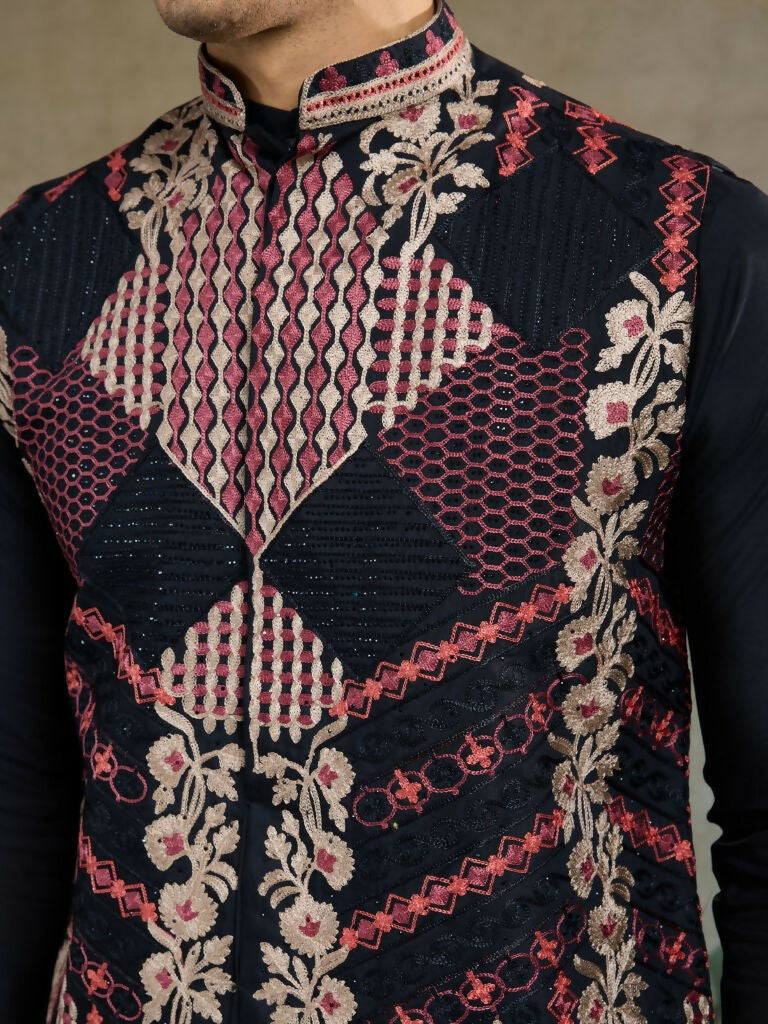 Vastranavya Black Exclusive Festival Viscose Silk Thread & Swarovski Embroidered Work Mens Wear Kurta & Koti | Grocsy