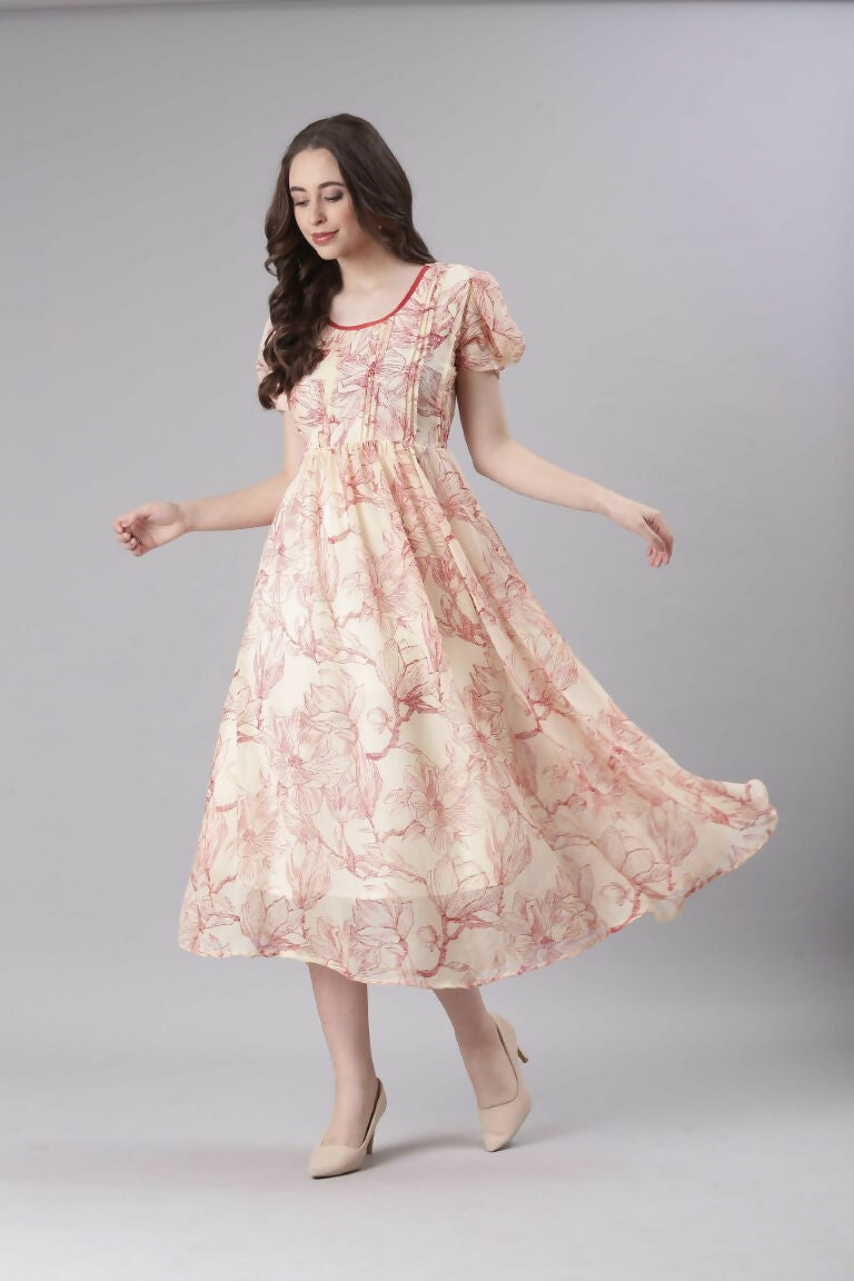 Souchii Cream & Red Floral Printed Fit & Flare Dress | Grocsy