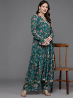 Ahalyaa Women Floral Printed Angrakha Kurta with Palazzos - Green Color | Grocsy