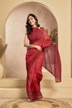 Vastranavya Rust Digital Printed Linen Ready To Wear Designer Saree with Unstitched Blouse | Grocsy