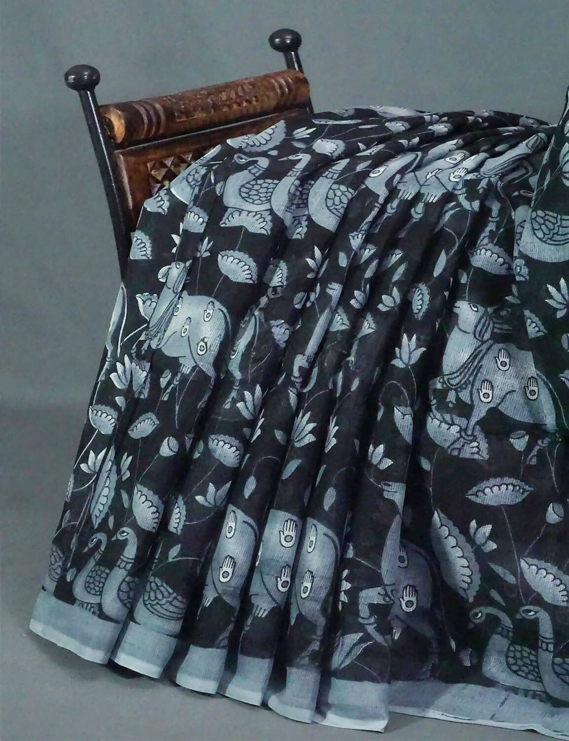 Black and Grey Pichwai Print Munga Cotton Saree By Gayathri Reddy Designer Studio | Grocsy
