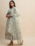 White And Blue Pure Cotton Floral Printed Anarkali Kurta And Bottom With Dupatta - Akashara | Grocsy