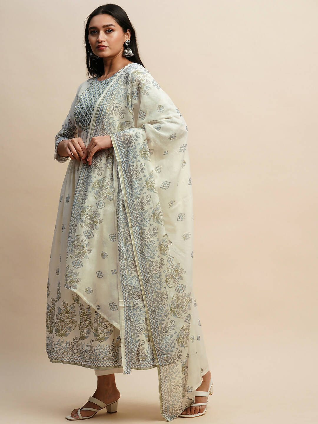 White And Blue Pure Cotton Floral Printed Anarkali Kurta And Bottom With Dupatta - Akashara | Grocsy