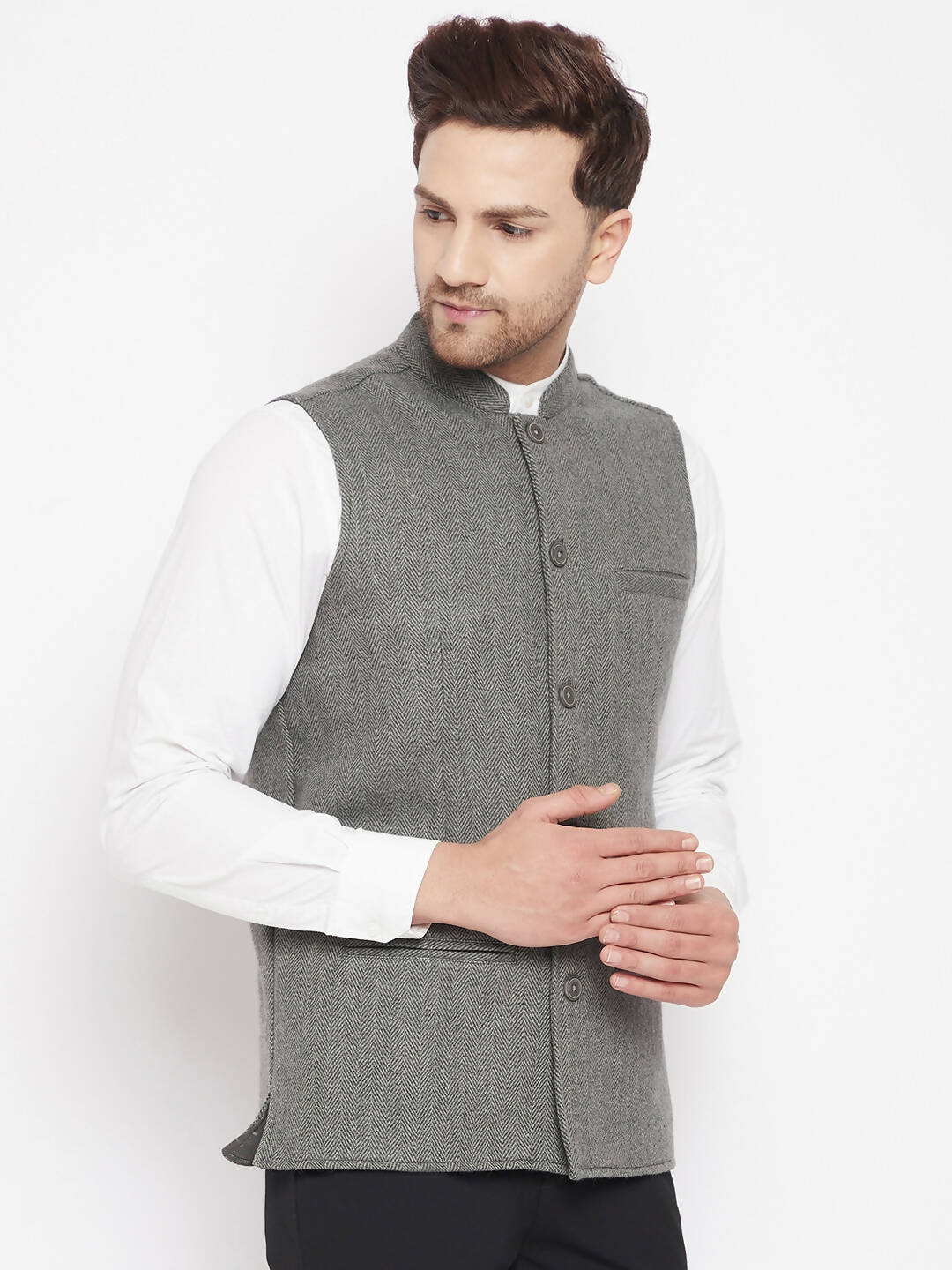 Even Apparels Grey Wool Men Woven Nehru Jacket | Grocsy