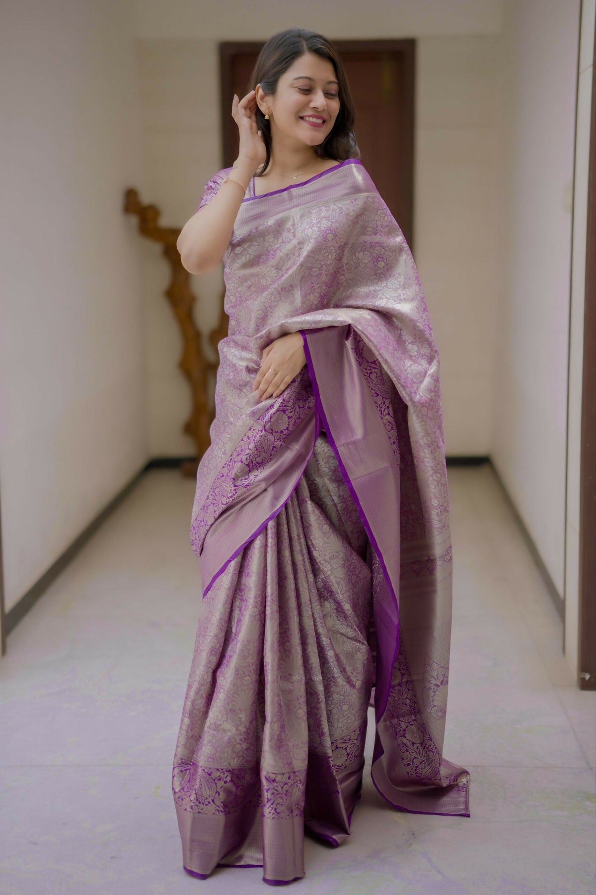 Prime Volt Bridal Kanchipuram Silk Saree with Rich Zari Weaving & Contrast Border-Purple | Grocsy