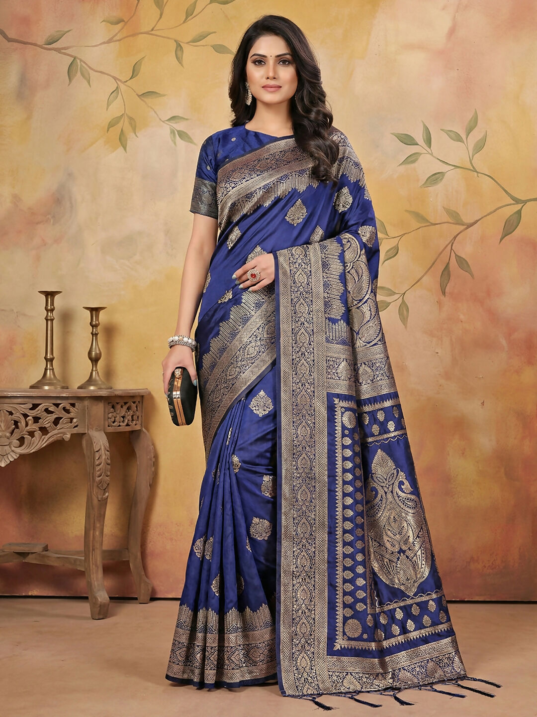 Shree Shyam Fashion Navy Blue Silk Blend Saree | Grocsy